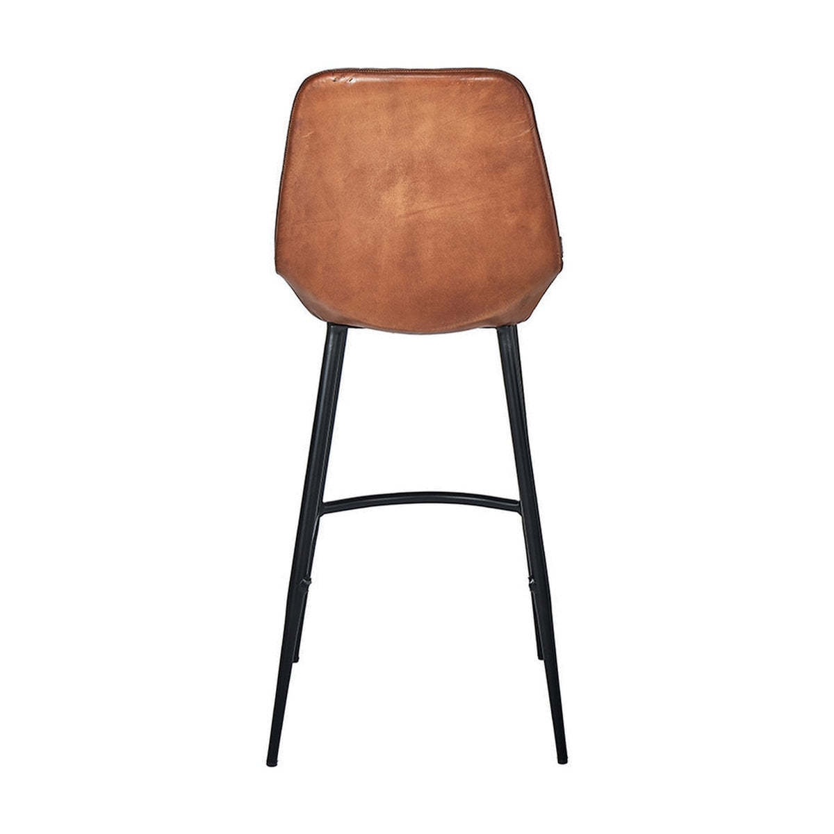 Angelo Vintage Brown Leather & Black Iron Retro Bar Stool, 105cm, shown from behind with a curved leather backrest and slim black metal legs on a plain white background.
