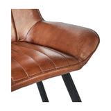 Close-up of the Angelo Vintage Brown Leather & Black Iron Retro Bar Stool, showing stitched brown leather upholstery and black metal legs against a white background.