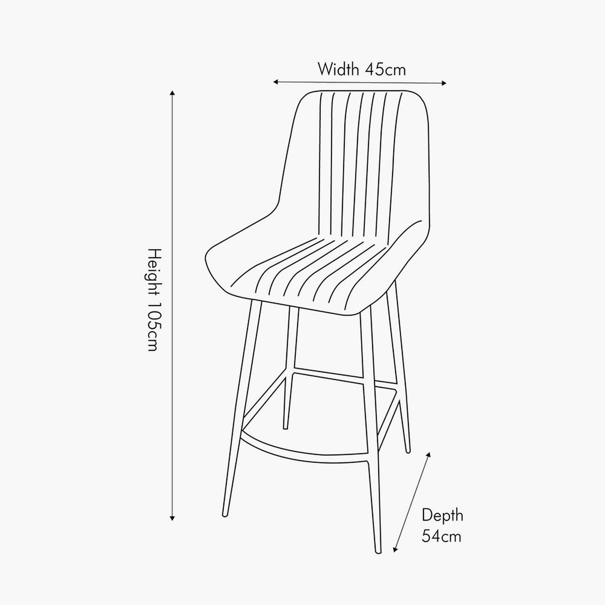 Line drawing of the Angelo bar stool with vertical channel-stitched brown leather seat and back on black iron legs with footrest, labelled 45cm width, 54cm depth, 105cm height.