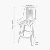 Line drawing of the Angelo bar stool with vertical channel-stitched brown leather seat and back on black iron legs with footrest, labelled 45cm width, 54cm depth, 105cm height.