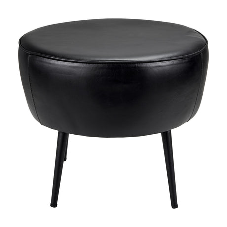 Donato Black Leather & Iron Stool, 38cm, with a round padded seat and four splayed black metal legs, shown on a plain white background.