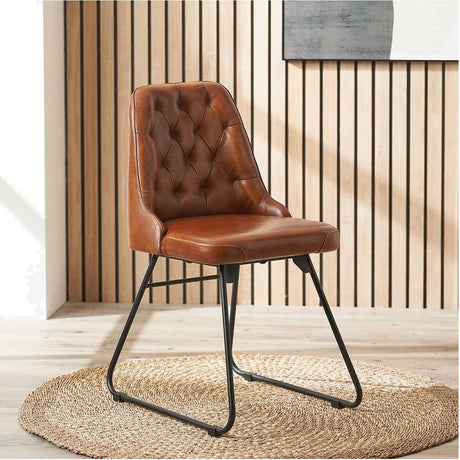 Camillo Vintage Brown Leather & Black Metal Diamond Back Dining Chair