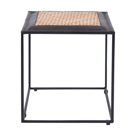 Ezio Black Leather, Rattan & Iron Stool, 41cm, with a black leather-edged square seat, woven rattan centre, and open black metal frame, on a plain white background.