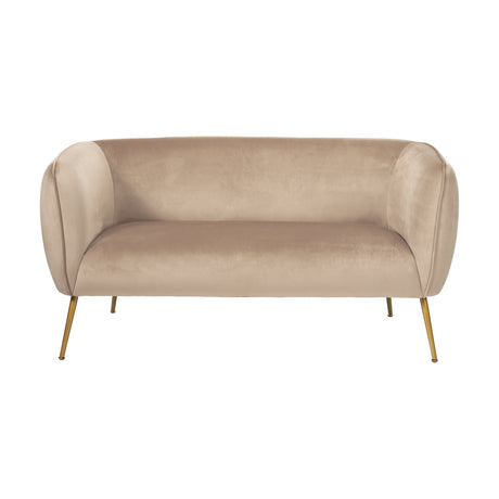 Lucca Biscuit Velvet & Iron Sofa, 142cm, with rounded curved back and arms in biscuit velvet upholstery, set on slender brass-finish metal legs, shown on a plain white background.