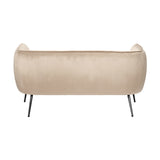 Rear view of the Lucca 142cm sofa in biscuit velvet, showing a curved iron-legged frame in black, set against a plain white background.
