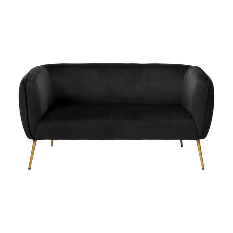 Lucca Black Velvet & Iron Sofa, 142cm, with curved rolled arms, black velvet upholstery and slender brass-finish metal legs, shown against a plain white background.