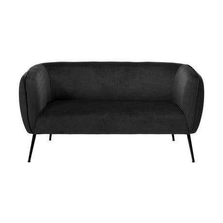 Lucca Black Velvet & Iron Sofa, 142cm wide, with curved back and armrests, black velvet upholstery, and slender black metal legs, shown on a plain white background.