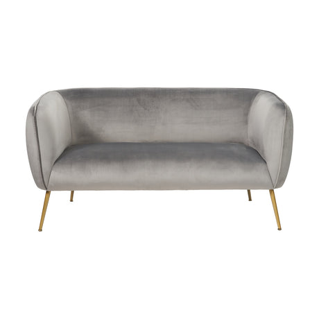 Lucca Dove Grey Velvet & Iron Sofa, 142cm wide, with curved barrel back, rolled arms and slim gold-tone tapered legs, shown against a plain white background.