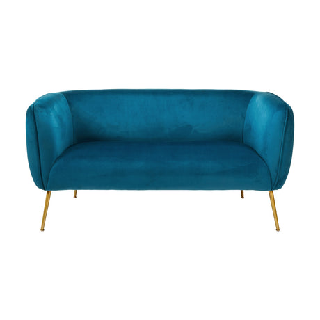 Lucca Sapphire Blue Velvet & Iron Sofa, 142cm, with curved velvet upholstery, rolled arms and slim gold-tone metal legs, shown on a plain white background.