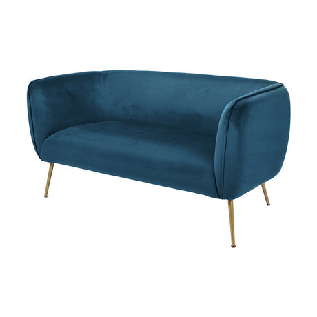 Lucca Sapphire Blue Velvet & Iron Sofa, 142cm wide, with curved velvet upholstery and slim gold-toned metal legs, shown on a plain white background.