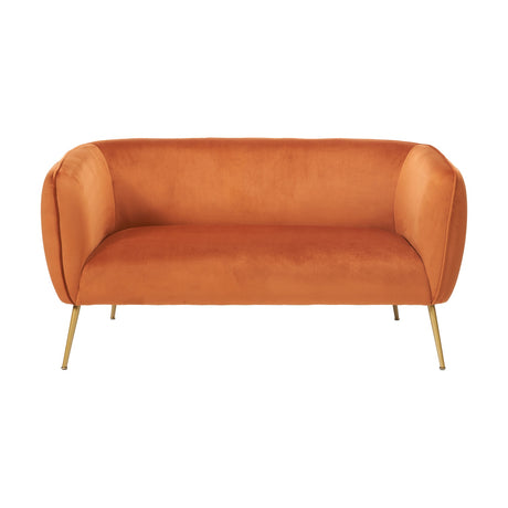 Lucca Tobacco Velvet & Iron Sofa, 142cm wide, with curved barrel back, tobacco velvet upholstery, and slim gold-tone metal legs, shown on a plain white background.