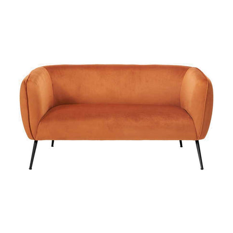 Lucca Tobacco Velvet & Iron Sofa, 142cm wide, with a curved barrel back, rounded arms, tobacco velvet upholstery, and slim black iron legs, shown on a plain white background.