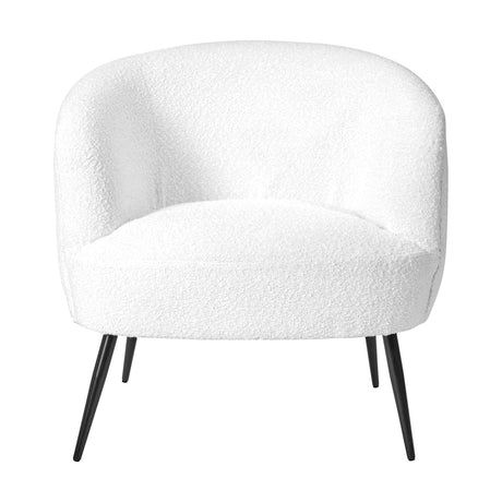 Siena Bouclé Fabric & Black Iron Tub Chair, 68cm wide, with rounded white textured upholstery and slim black tapered metal legs, shown on a plain white background.