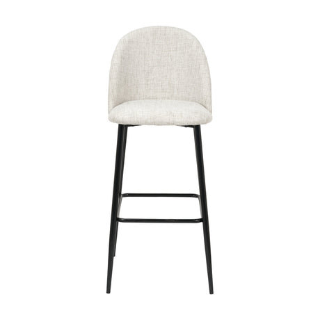 Turi Pebble Linen Mix & Black Iron Bar Stool, 105cm, with rounded upholstered seat and backrest in pebble linen mix, black metal legs and footrest, on a plain white background.