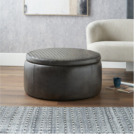 Arturo Peppercorn Leather Storage Pouffe Ottoman - 80cm