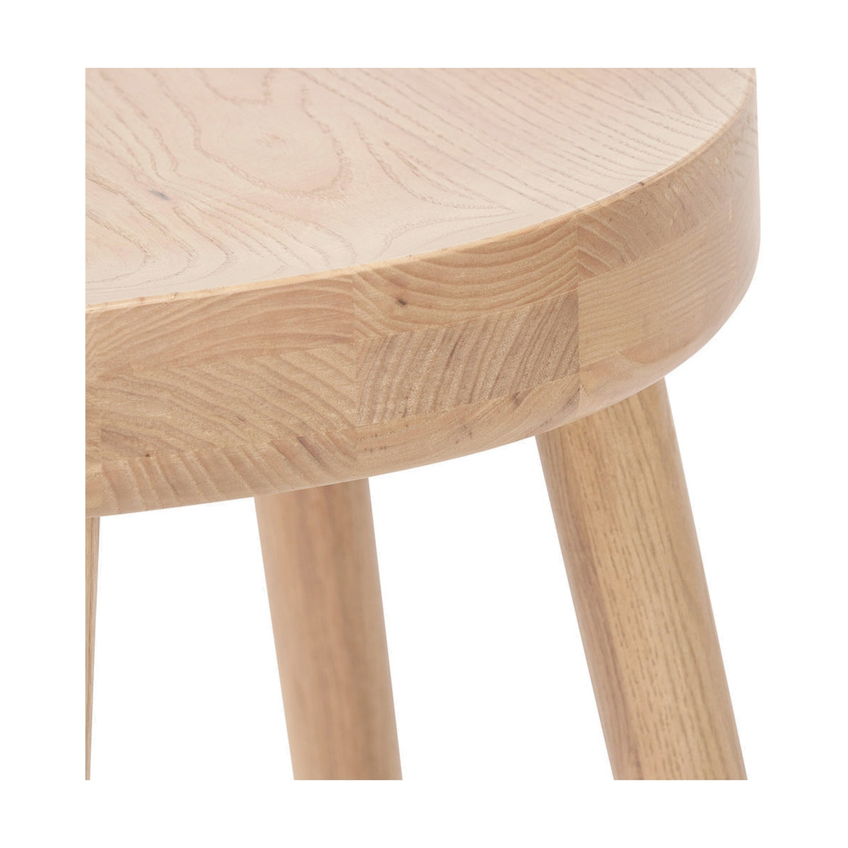 Close-up of the Laselle Ash Wood Bar Stool, 70cm, showing the round seat edge, visible wood grain, and tapered legs against a plain white background.