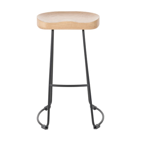 Laselle Ash Wood & Black Metal Bar Stool, 70cm, with a curved light wood seat on splayed black metal legs joined by a footrest, shown on a plain white background.