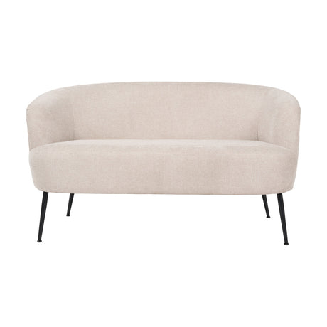 Aviana two-seater sofa in natural chenille upholstery with a curved back and black metal tapered legs, shown on a plain white background.