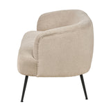Aviana Taupe Teddy & Black Metal Sofa, 130cm, side view showing curved boucle-style upholstered back and armrest with slim black metal legs, on a plain white background.