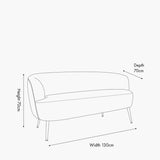 Line drawing of the Aviana sofa showing dimensions: 130cm width, 70cm depth, and 70cm height, with curved back and tapered metal legs, on a white background.