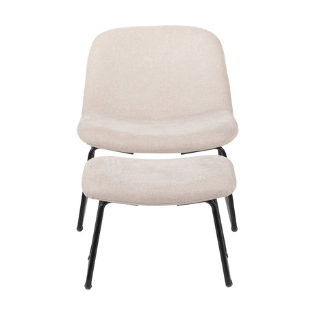 Chiara lounging chair and footstool in natural chenille with black metal legs, curved bucket-style backrest, shown on a plain white background.