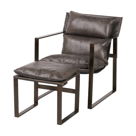 Nico Peppercorn Leather Chair & Footstool with a bronze-toned angular steel frame, cushioned grey leather seat and backrest, and matching low leather footstool, shown on a plain white background.