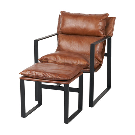 Nico Vintage Brown Leather Chair & Footstool with cushioned seat, back and armrests, black metal frame with square legs, shown on a plain white background.