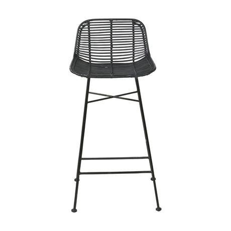 Black Rattan Core & Iron Bar Stool, 90cm, with woven black rattan seat and backrest on a black metal frame with cross bracing and footrest, plain white background.