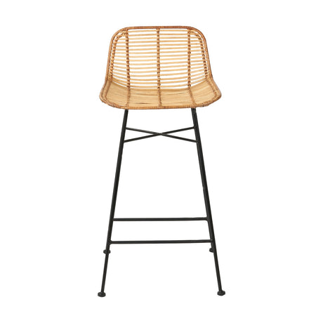 Rattan Core & Black Iron Bar Stool, 90cm, with a curved natural rattan seat and black metal legs joined by cross braces, shown on a plain white background.