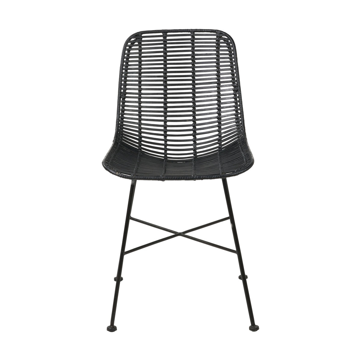 Black Rattan Core & Iron Dining Chair with a curved woven seat and back on slim black metal legs with cross bracing, shown against a plain white background.