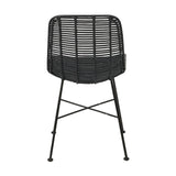 Black Rattan Core & Iron Dining Chair, rear view showing woven rattan back panel, black metal legs with cross-brace support, on a plain white background.