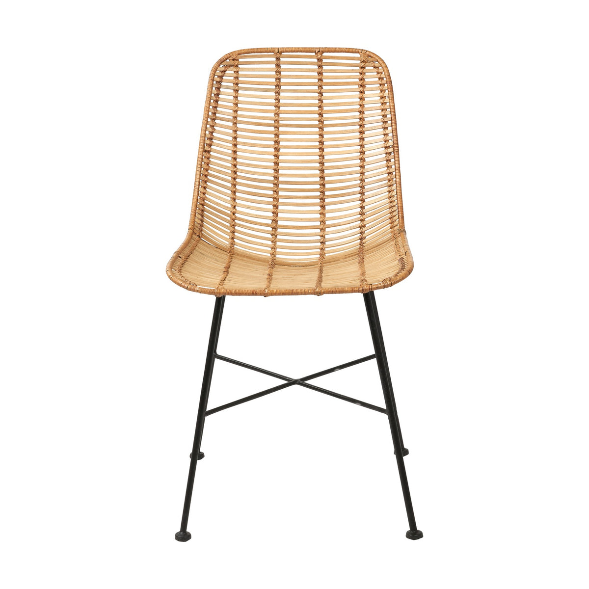 Rattan Core & Black Iron Dining Chair with a woven natural rattan seat and back on black metal legs with cross-brace support, shown against a plain white background.