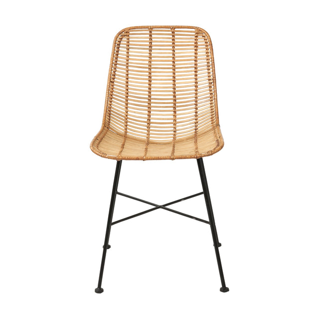 Rattan Core & Black Iron Dining Chair with a woven natural rattan seat and back on black metal legs with cross-brace support, shown against a plain white background.