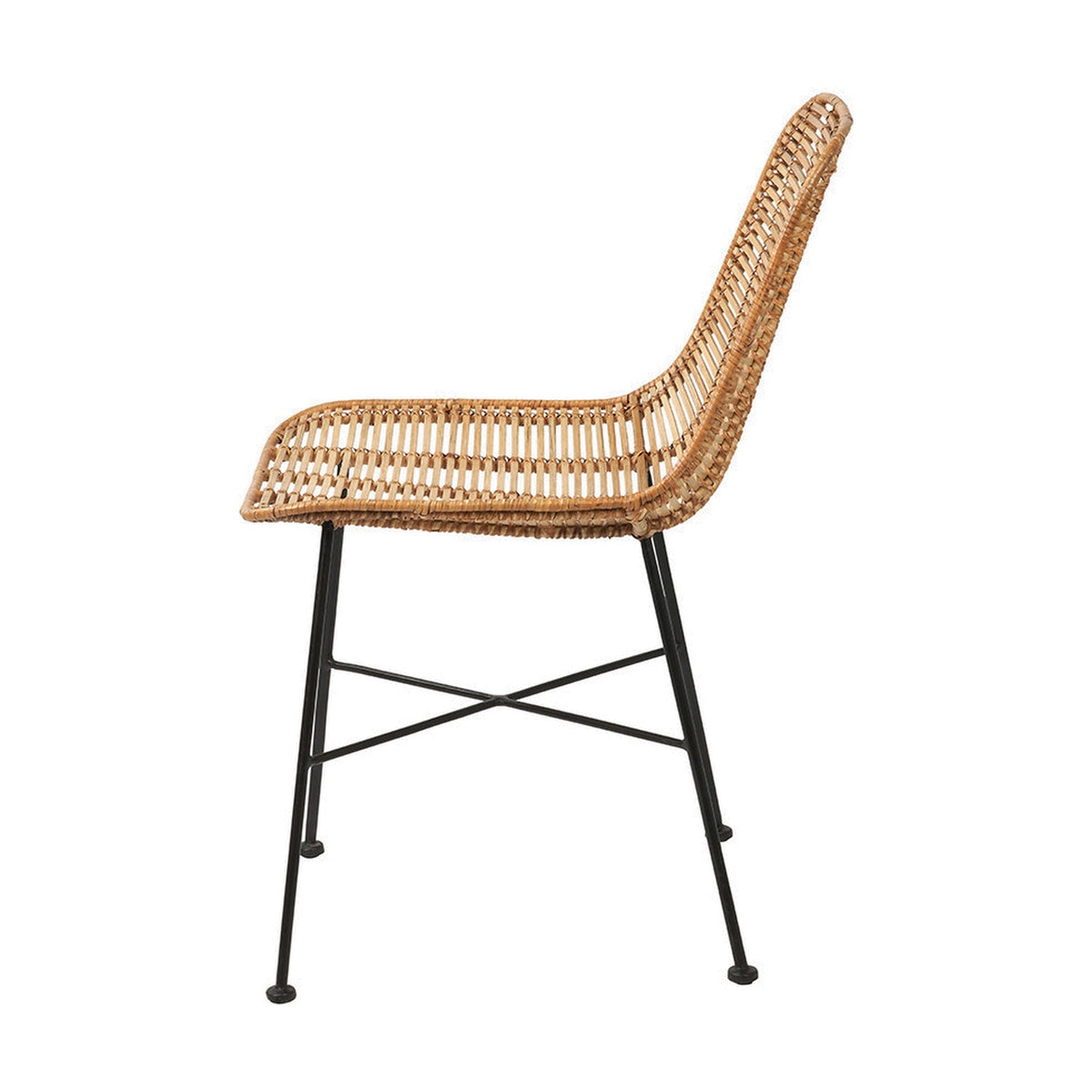 Side view of a rattan dining chair with a curved woven seat and backrest in natural finish, set on black iron legs with cross-bar support, shown on a plain white background.