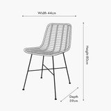Rattan Core & Black Iron Dining Chair line drawing showing woven natural rattan seat and back on black metal legs, with dimensions: 44cm width, 59cm depth, 80cm height.