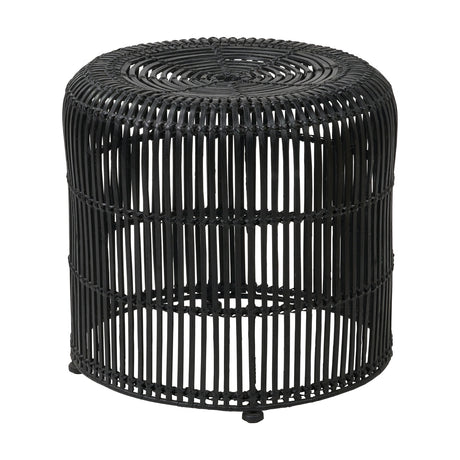 Black Rattan Core Stool, 44cm, with a round woven top and vertical cage-style legs on small feet, shown against a plain white background.