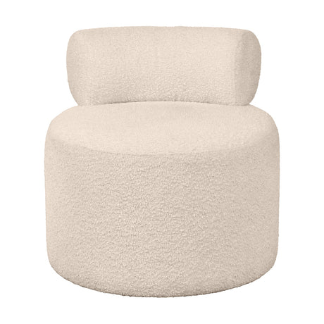 Assisi Taupe Teddy Fabric Modern Occasional Chair, 66cm wide, with round upholstered base, curved backrest and no armrests, shown on a plain white background.