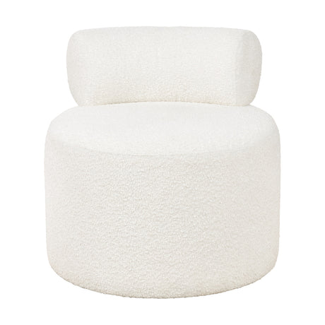 Assisi White Boucle Fabric Modern Occasional Chair, 66cm wide, with a round upholstered base and curved backrest, shown on a plain white background.