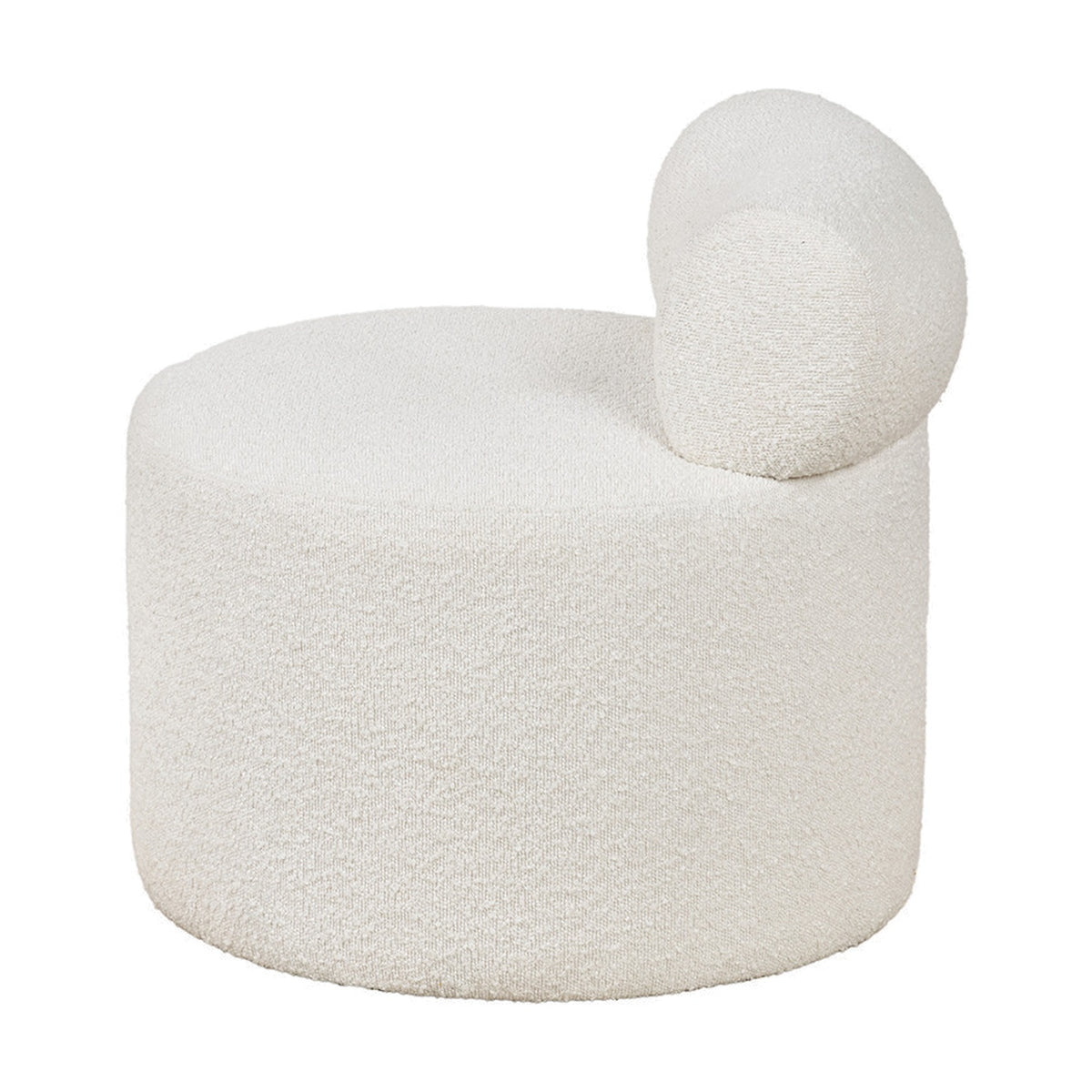 Assisi White Boucle Fabric Modern Occasional Chair, 66cm, a round drum-shaped armchair with a curved side headrest, textured boucle fabric, on a plain white background.