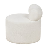 Assisi White Boucle Fabric Modern Occasional Chair, 66cm, a round drum-shaped armchair with a curved side headrest, textured boucle fabric, on a plain white background.