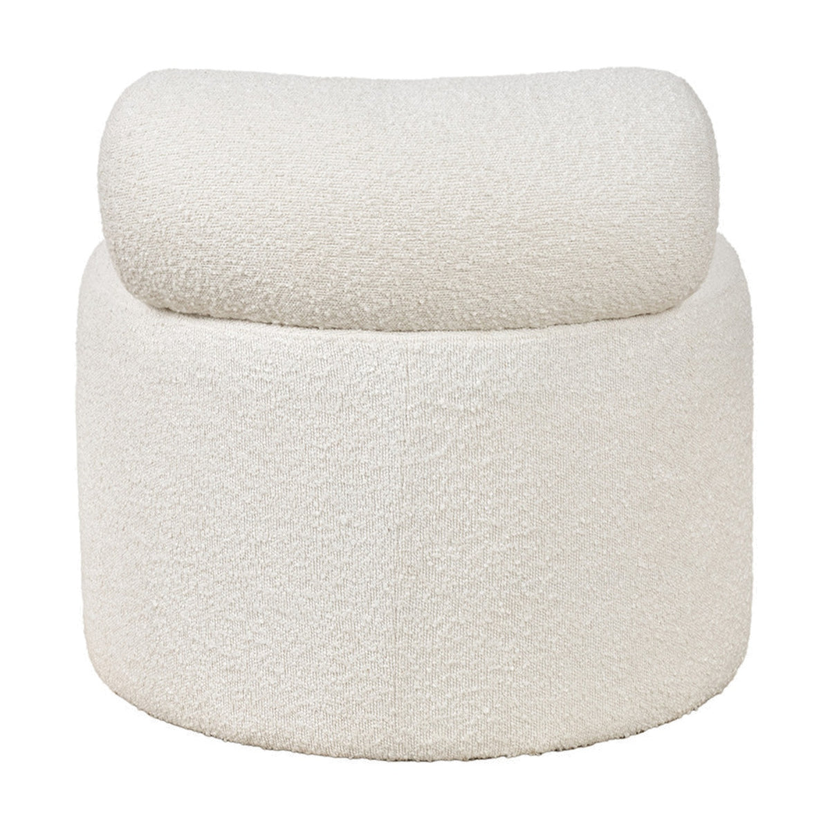 Assisi White Boucle Fabric Modern Occasional Chair, 66cm, with rounded curved backrest and cylindrical base on a plain white background.
