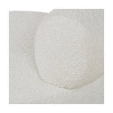 Close-up of the Assisi White Boucle Fabric Modern Occasional Chair, showing textured white boucle upholstery and a rounded armrest detail.