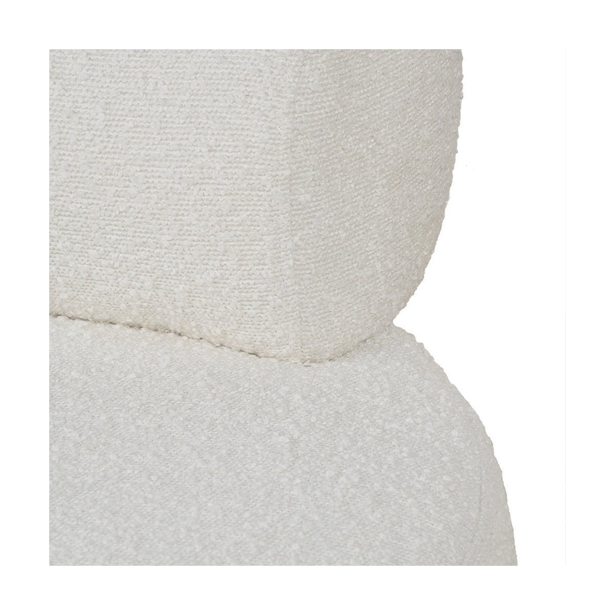 Close-up of the Assisi White Boucle Fabric Modern Occasional Chair, showing the textured white boucle fabric and rounded backrest seam against a plain background.