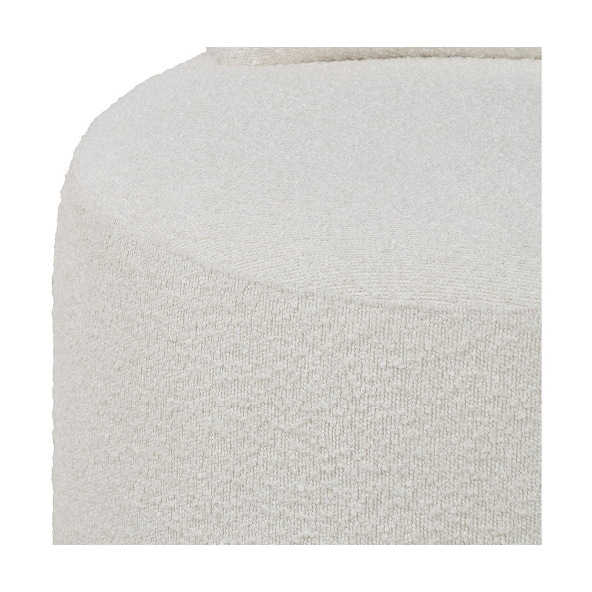 Close-up of the Assisi White Boucle Fabric Modern Occasional Chair, 66cm, showing the textured white boucle upholstery and rounded corner detail on a plain background.