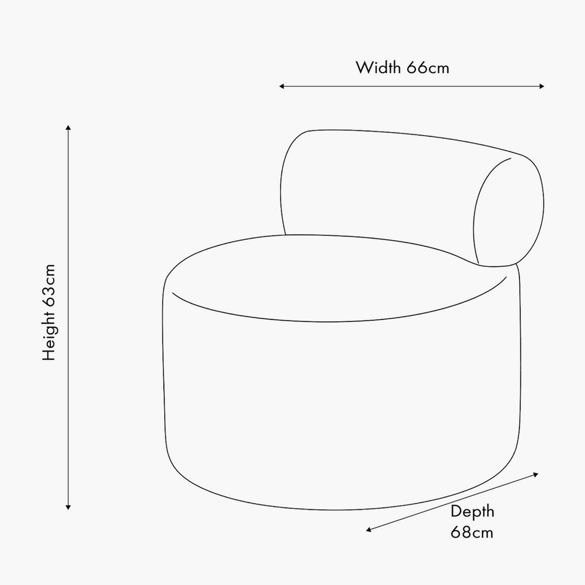 Line drawing of the Assisi White Boucle Fabric Modern Occasional Chair showing a round base and cylindrical backrest, with width 66cm, depth 68cm and height 63cm labelled.