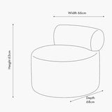 Line drawing of the Assisi White Boucle Fabric Modern Occasional Chair showing a round base and cylindrical backrest, with width 66cm, depth 68cm and height 63cm labelled.