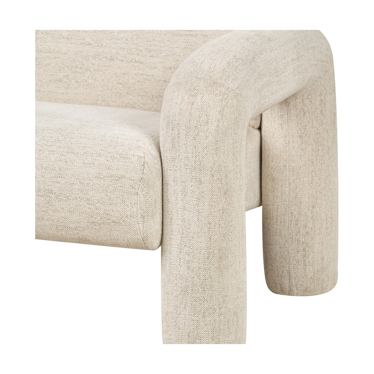 Close-up of the Ravello White Textured Fabric Armed Sofa showing its curved arm and rounded leg detail in a bouclé-style fabric, on a plain white background.