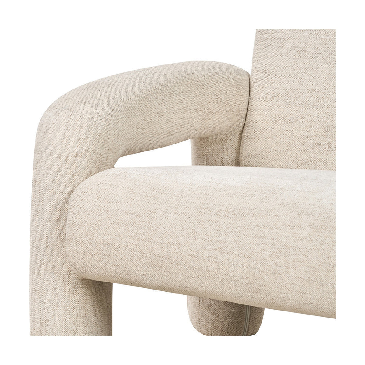 Close-up of the Ravello White Textured Fabric Armed Sofa showing its rounded armrest, curved backrest, and woven fabric upholstery on a plain white background.