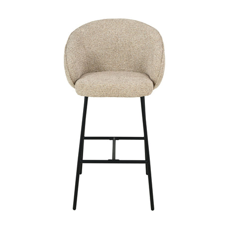 Kelsby tub bar stool with a rounded curved back and low arms in mocha textured marl chenille, set on slim black metal legs, shown on a plain white background.