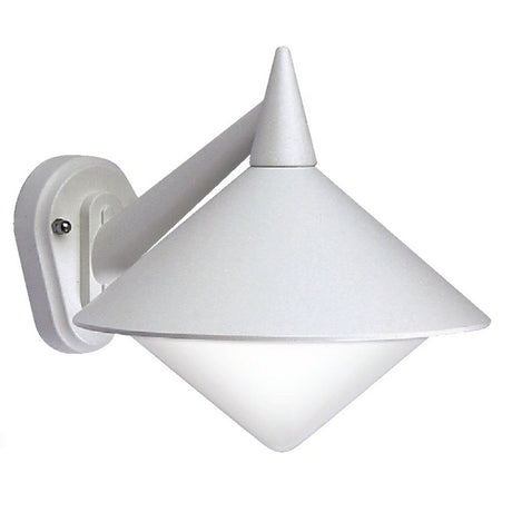 Splay cast aluminium outdoor hanging wall lantern in white, with a conical metal shade over an opal diffuser, mounted on a wall bracket against a plain white background.